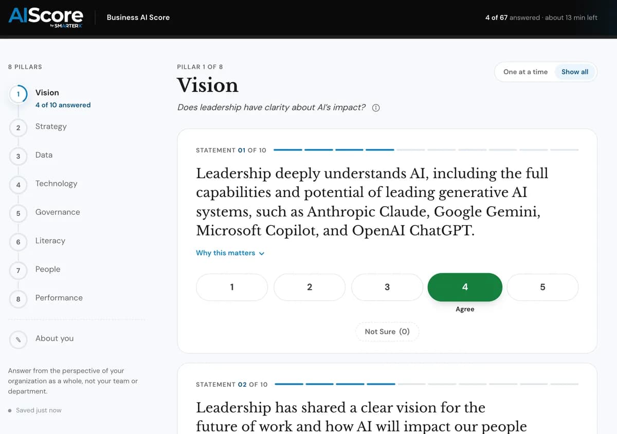 Business AI Score assessment: the Vision pillar’s statements with their 1 to 5 ratings, beside the list of 8 pillars