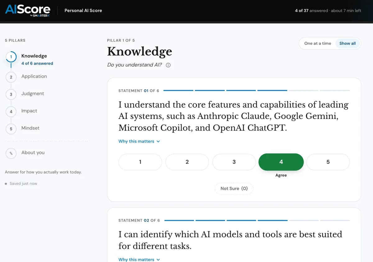 Personal AI Score assessment: the Knowledge pillar’s statements with their 1 to 5 ratings, beside the list of 5 pillars